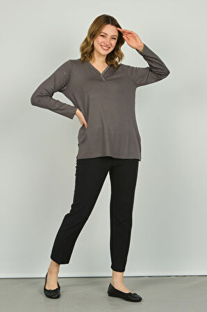 Detay Triko Kadın V Yaka Kolları ve Yakası İşlemeli Uzun Kol Bluz 4508 Gri