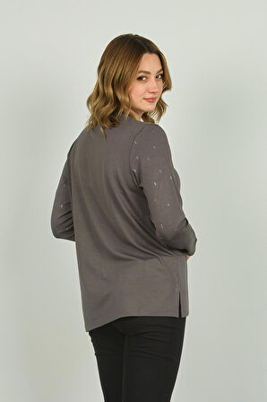 Detay Triko Kadın V Yaka Kolları ve Yakası İşlemeli Uzun Kol Bluz 4508 Gri