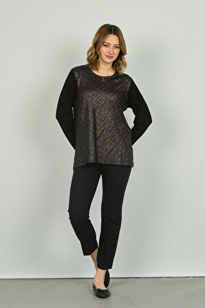 Detay Triko Kadın Önü Parlak Kumaş ve Desenli Uzun Kol Bluz 4589 Siyah