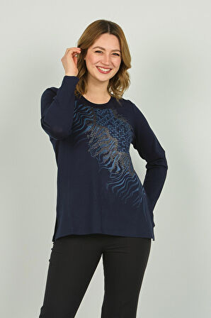 Detay Triko Kadın Desenli Uzun Kol Bluz 4541 Lacivert