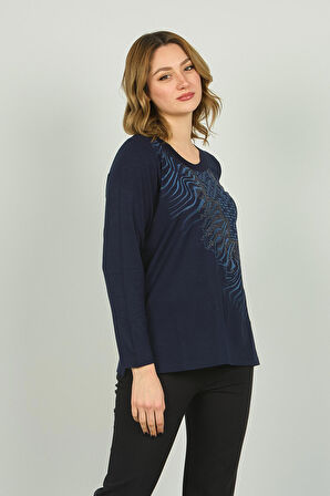 Detay Triko Kadın Desenli Uzun Kol Bluz 4541 Lacivert