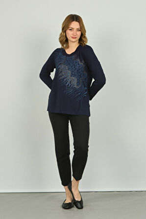 Detay Triko Kadın Desenli Uzun Kol Bluz 4541 Lacivert