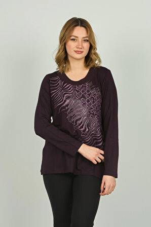 Detay Triko Kadın Desenli Uzun Kol Bluz 4541 Mor