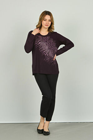 Detay Triko Kadın Desenli Uzun Kol Bluz 4541 Mor