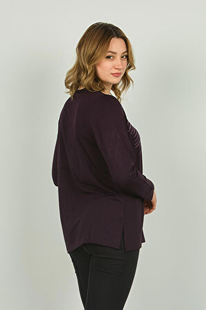 Detay Triko Kadın Desenli Uzun Kol Bluz 4541 Mor