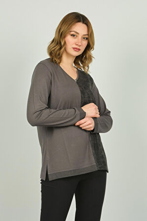 Detay Triko Kadın V Yaka Desenli Uzun Kol Bluz 4552 Gri