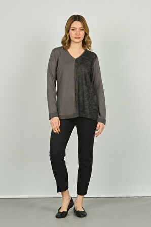 Detay Triko Kadın V Yaka Desenli Uzun Kol Bluz 4552 Gri