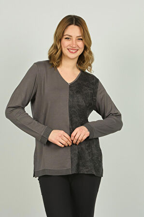 Detay Triko Kadın V Yaka Desenli Uzun Kol Bluz 4552 Gri