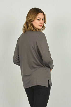 Detay Triko Kadın V Yaka Desenli Uzun Kol Bluz 4552 Gri