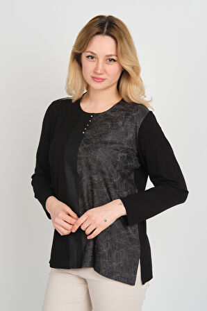 Detay Triko Kadın Suni Deri Detaylı ve Desenli Uzun Kol Bluz 4553 Siyah