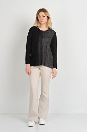 Detay Triko Kadın Suni Deri Detaylı ve Desenli Uzun Kol Bluz 4553 Siyah