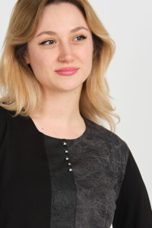 Detay Triko Kadın Suni Deri Detaylı ve Desenli Uzun Kol Bluz 4553 Siyah