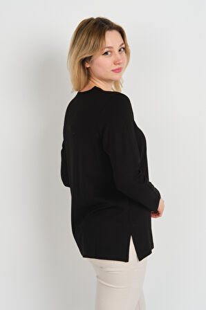 Detay Triko Kadın Suni Deri Detaylı ve Desenli Uzun Kol Bluz 4553 Siyah