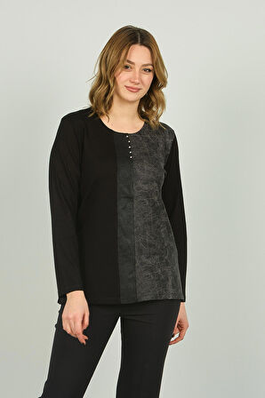 Detay Triko Kadın Suni Deri Detaylı ve Desenli Uzun Kol Bluz 4553 Siyah Gri