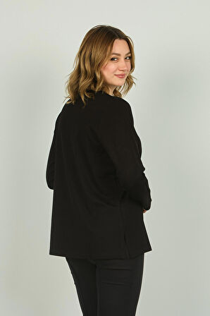 Detay Triko Kadın Suni Deri Detaylı ve Desenli Uzun Kol Bluz 4553 Siyah Gri