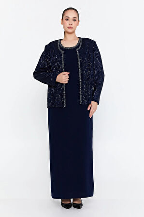 Güzelyalı Kadın Büyük Beden Taş İşlemeli İki Parça Abiye Takım 1043 Lacivert