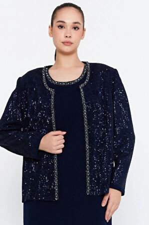 Güzelyalı Kadın Büyük Beden Taş İşlemeli İki Parça Abiye Takım 1043 Lacivert