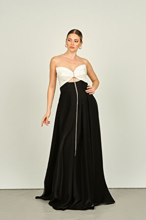 Saygın Kadın Pencere Detaylı Straplez Tafta Kumaş Uzun Abiye Elbise 4550 Siyah-Beyaz