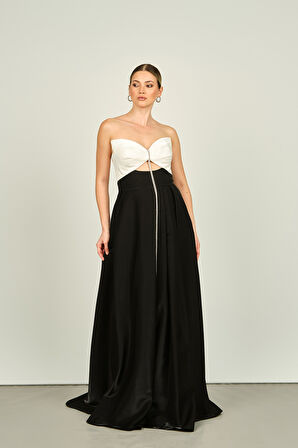 Saygın Kadın Pencere Detaylı Straplez Tafta Kumaş Uzun Abiye Elbise 4550 Siyah-Beyaz