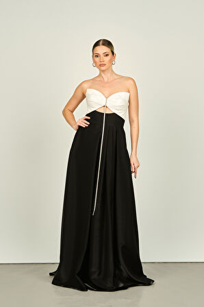 Saygın Kadın Pencere Detaylı Straplez Tafta Kumaş Uzun Abiye Elbise 4550 Siyah-Beyaz