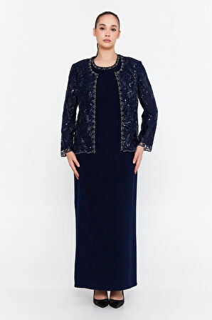Güzelyalı Kadın Büyük Beden İşleme Detaylı İki Parça Abiye Takım 1047 Lacivert