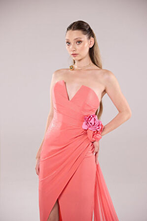 Degz Kadın Straplez Derin V Yaka Uzun Abiye Elbise 55499-02 Karides