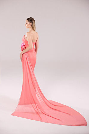 Degz Kadın Straplez Derin V Yaka Uzun Abiye Elbise 55499-02 Karides