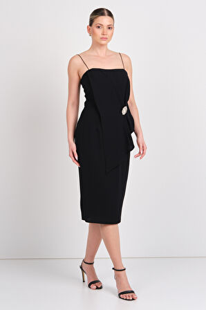 Explosion Kadın İp Asklı Beli Tokalı Midi Abiye Elbise 7818 Siyah