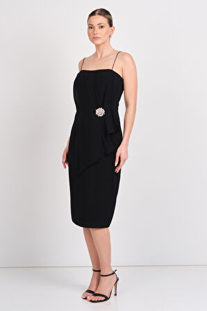 Explosion Kadın İp Asklı Beli Tokalı Midi Abiye Elbise 7818 Siyah