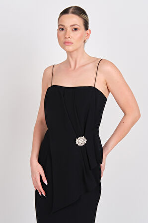 Explosion Kadın İp Asklı Beli Tokalı Midi Abiye Elbise 7818 Siyah