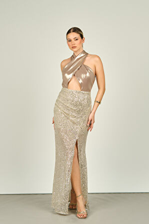 Degz Kadın Boyundan Bağlamalı Derin Yırtmaçlı Abiye Elbise 55484-02 Vizon