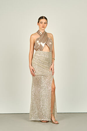 Degz Kadın Boyundan Bağlamalı Derin Yırtmaçlı Abiye Elbise 55484-02 Vizon