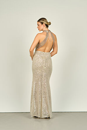 Degz Kadın Boyundan Bağlamalı Derin Yırtmaçlı Abiye Elbise 55484-02 Vizon