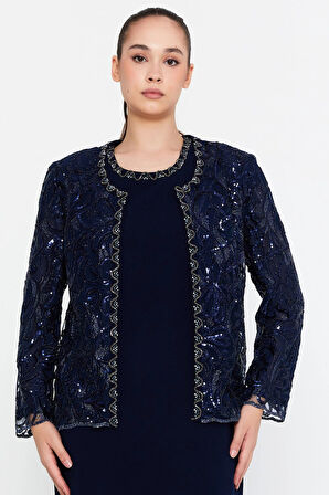 Güzelyalı Kadın Büyük Beden Taş İşlemeli Uzun Abiye Takım 1047 Lacivert