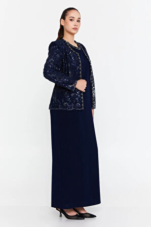 Güzelyalı Kadın Büyük Beden Taş İşlemeli Uzun Abiye Takım 1047 Lacivert