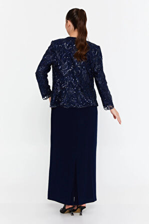 Güzelyalı Kadın Büyük Beden Taş İşlemeli Uzun Abiye Takım 1047 Lacivert