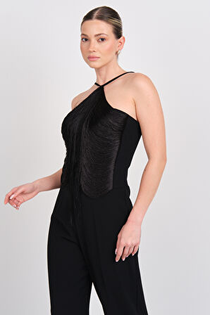 Explosion Kadın Püskül Detaylı Boyundan Bağlamalı Abiye Tulum 2283 Siyah