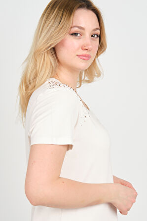 Ella Camelia Kadın V Yaka Taş Süslemeli Kısa Kol Bluz 24E022 Ekru