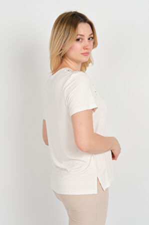 Ella Camelia Kadın V Yaka Taş Süslemeli Kısa Kol Bluz 24E022 Ekru