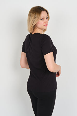 Ella Camelia Kadın Yakası Taş ve Süs İşlemeli Kısa Kollu Pamuklu Bluz 24E002 Siyah