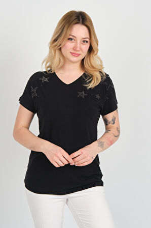 Ella Camelia Kadın Düşük Kol Taş Süslemeli V Yaka Bluz 24E105 Siyah