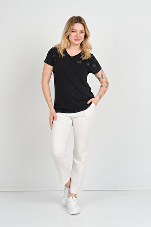 Ella Camelia Kadın Düşük Kol Taş Süslemeli V Yaka Bluz 24E105 Siyah