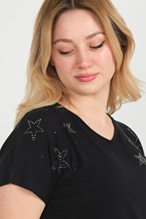 Ella Camelia Kadın Düşük Kol Taş Süslemeli V Yaka Bluz 24E105 Siyah