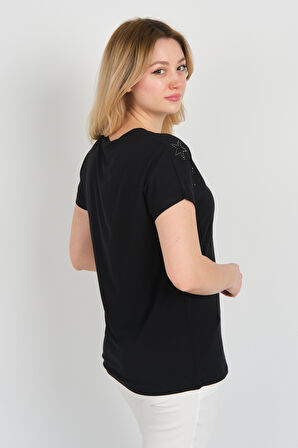 Ella Camelia Kadın Düşük Kol Taş Süslemeli V Yaka Bluz 24E105 Siyah