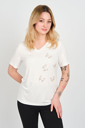 Ella Camelia Kadın Kelebek Şekilli Taş Süslemeli V Yaka Kısa Kollu Bluz 24E047 Ekru