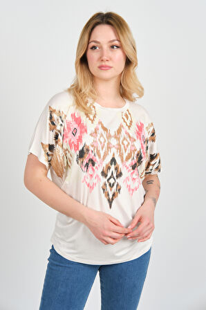 Ella Camelia Kadın Düşük Kollu Desenli Bluz 24E021 Ekru