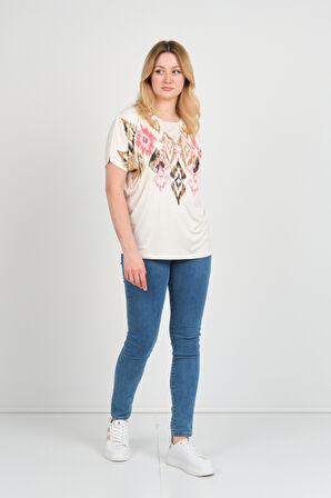 Ella Camelia Kadın Düşük Kollu Desenli Bluz 24E021 Ekru