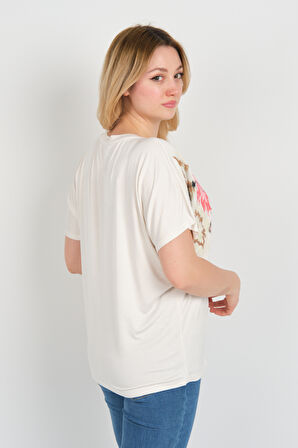 Ella Camelia Kadın Düşük Kollu Desenli Bluz 24E021 Ekru