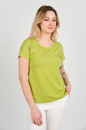 Ella Camelia Kadın Düşük Kollu Taş Süsleme Detaylı Bisiklet Yaka Bluz 24E116 Açık Yeşil