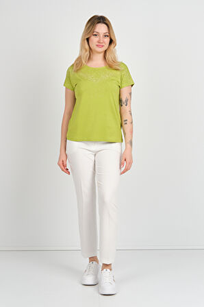 Ella Camelia Kadın Düşük Kollu Taş Süsleme Detaylı Bisiklet Yaka Bluz 24E116 Açık Yeşil